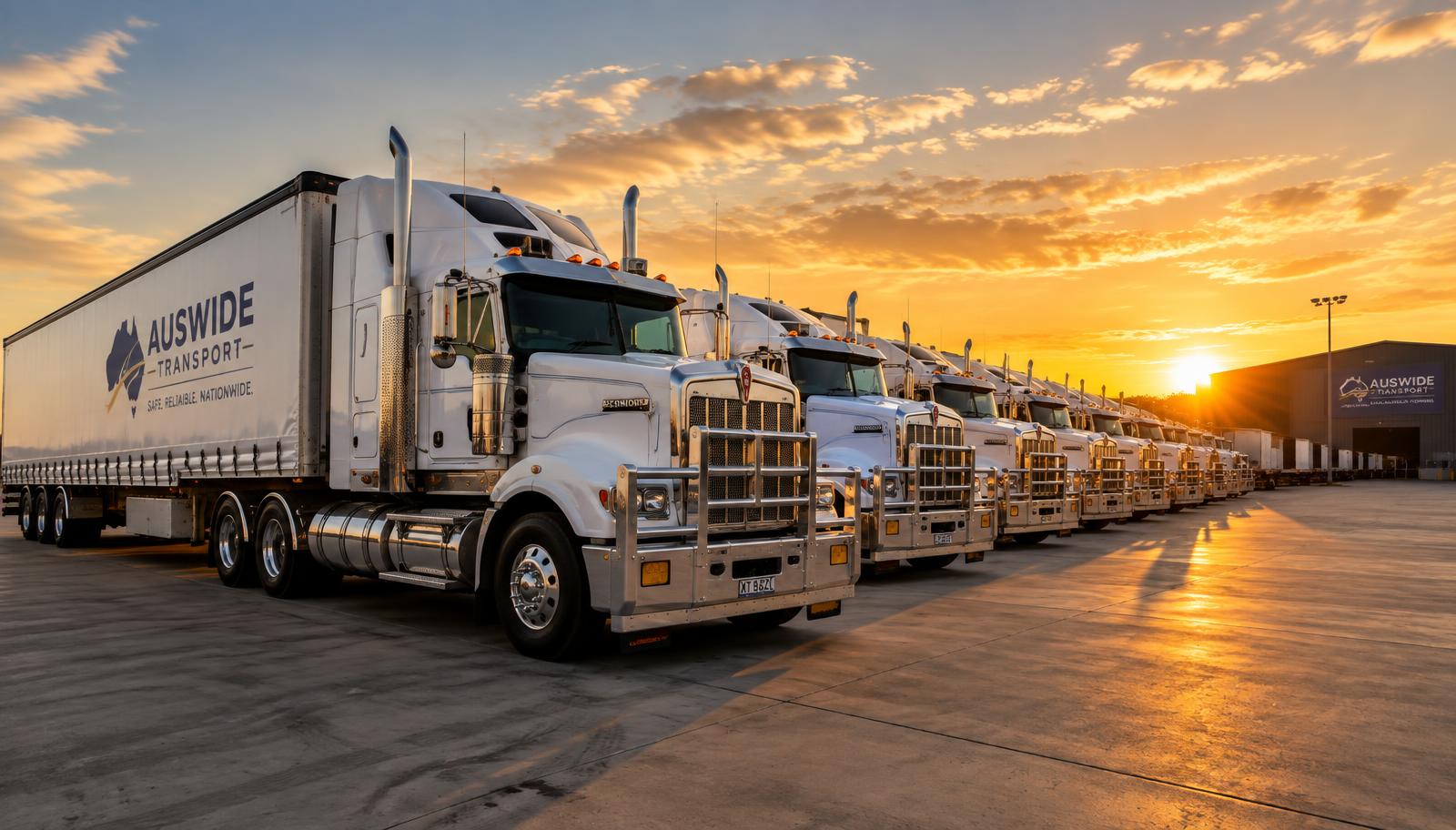 A line of clean trucks in a Melbourne transport depot