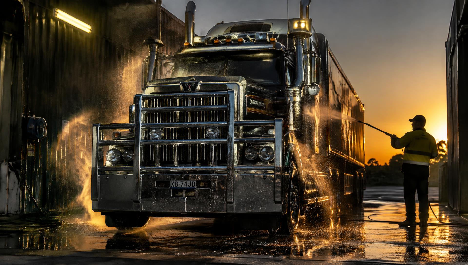 Prime mover being pressure washed at the Khalsa wash bay