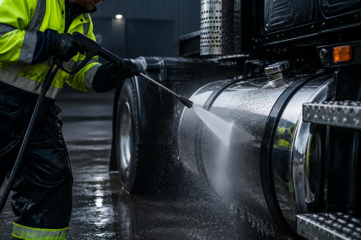 Worker pressure washing a truck tank